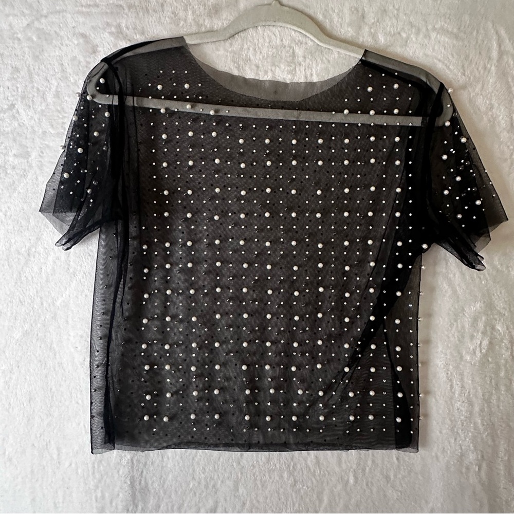 Black Sheer Pearl Drops Top Cropped Festival or Party Wear women's medium